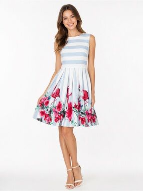 Grace Karin Striped Fit & Flare Dress with Pink Flamingo Floral Hem Size Medium.
